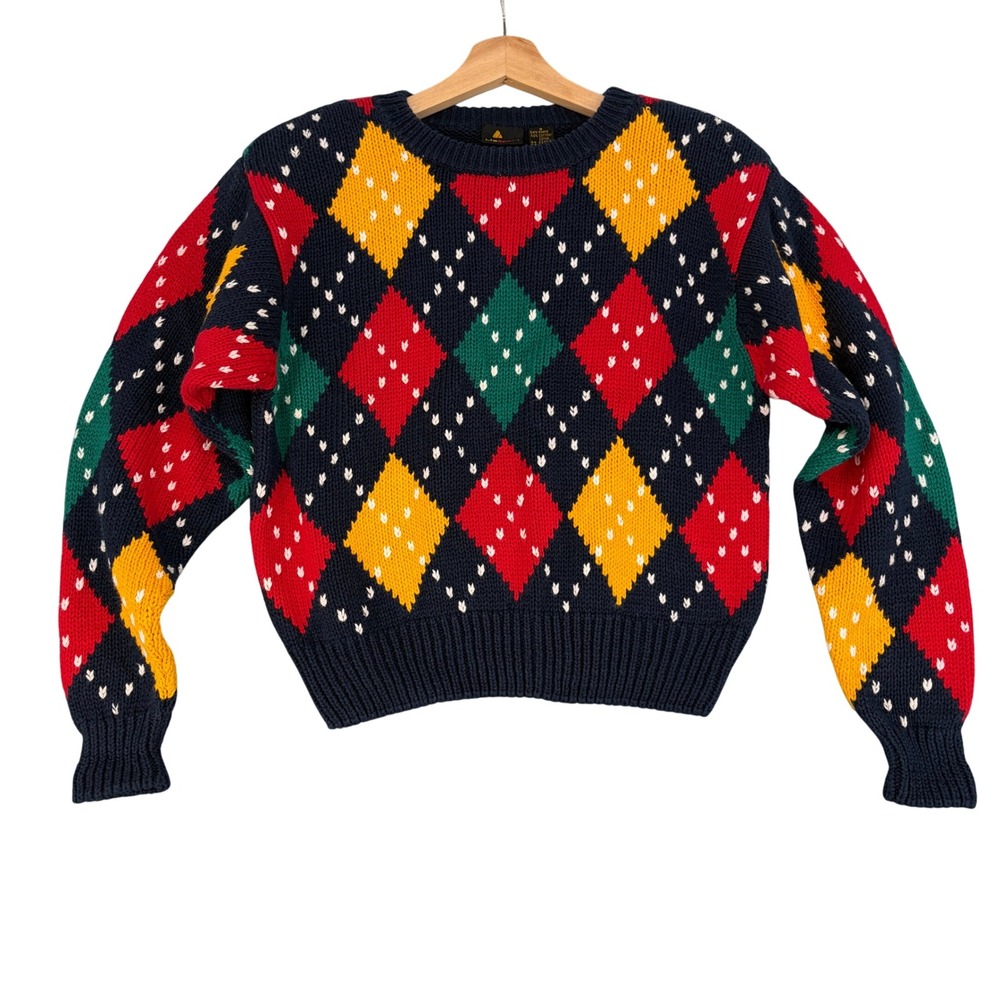 Lizsport Vintage Argyle Crewneck Sweater Navy Blue Small 90s Academia Preppy